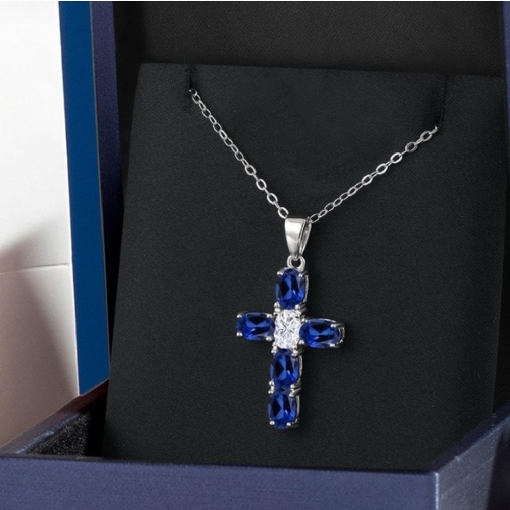 Elegant Sterling Silver Sapphire And Diamond Necklace